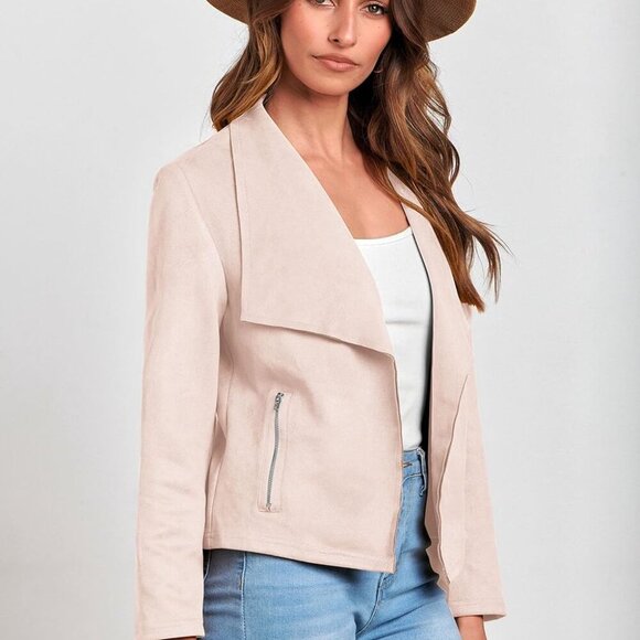 New Women's Faux Suede Cropped Jacket in Beige Apricot, Size M - Picture 5 of 9